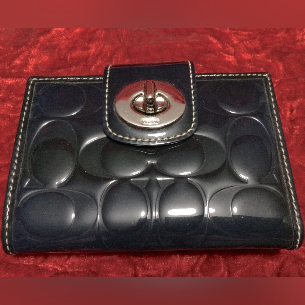 Navy Patent Coach Wallet with Embossed Logo Design